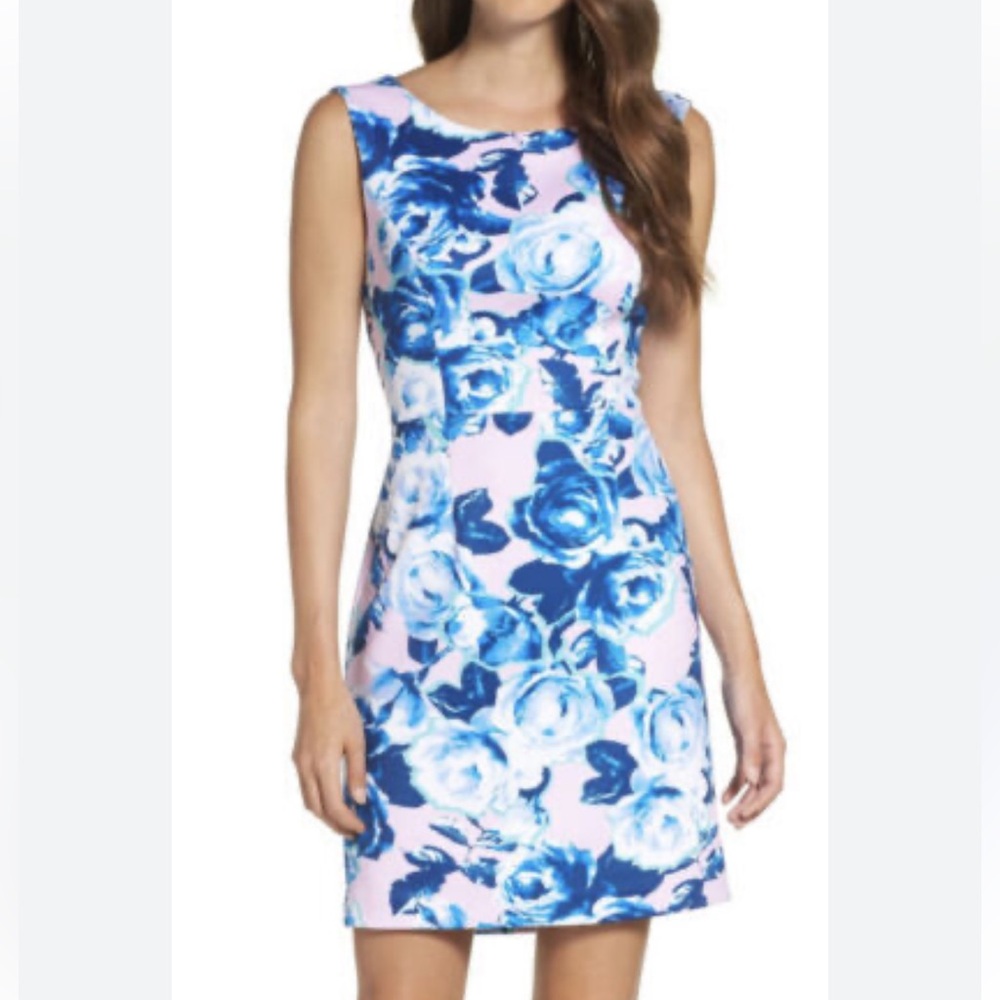 Betsey Johnson Cross Cutout Scuba Crepe Dress Stretch Floral size 8 pink blue
